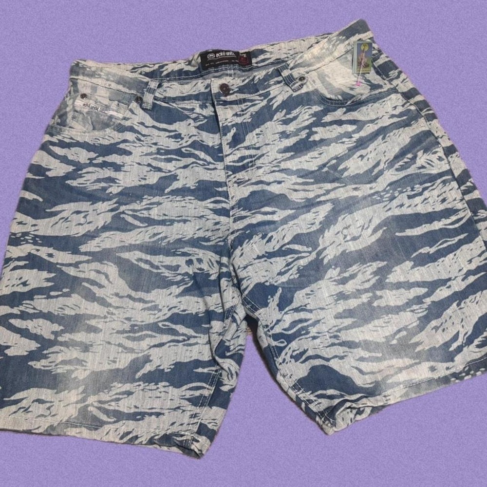 Ecko Unltd Mens Blue White Camo Denim Shorts Y2K Streetwear Size 42